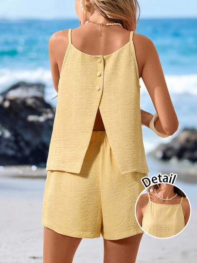 Sylviya Casual Women Cream Yellow Camisole And Shorts Set, Vacation,Vacation Summer Outfits, Beach Outfit For Women Vacation Outfits Women Vacation Dresses, Casual Outfit For Women Yellow Set For Women Cruise Outfit For Women Women Two Piece Sets Short Sets For Women Vacation Outfits Women Tropical
