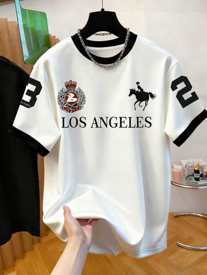 Manfinity Camiseta plus size con estampado gráfico ecuestre de Los Ángeles, cuello y puños en contraste, estilo preppy "Los Ángeles" con estampado, detalles en contraste, estética Y2K, parche ecuestre y estampado de número plus size, camiseta plus size con estampado gráfico ecuestre de Los Ángeles y mangas en contraste, estilo retro deportivo