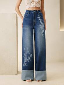 Anewsta Women's New Fashion Heavy Embroidered Straight-Leg Jeans - Blue - View 6