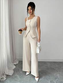 SHEIN Elenzya Bộ đồ nữ mùa hè thanh lịch, thoáng khí, cài cúc phía trước, gồm áo và quần. - Màu be - Xem 7