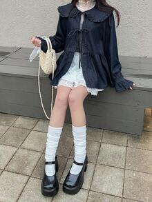 FRIFUL Áo sơ mi denim nữ tay dài cổ Peter Pan buộc dây, kiểu dáng thường ngày, thích hợp cho mùa thu. - Màu xanh lam - View 2