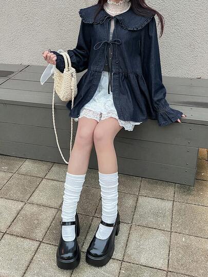 FRIFUL 女款休閒彼得潘領綁帶牛仔襯衫，秋季長袖可愛上衣