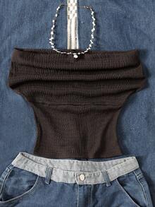 SHEIN Top ajustado de color rojo sólido versátil para niña preadolescente, ropa casual de verano, diseño de cuello alto y hombros descubiertos, elegante para vacaciones, campo, playa, té de la tarde y otras ocasiones - Café integral - Ver 6