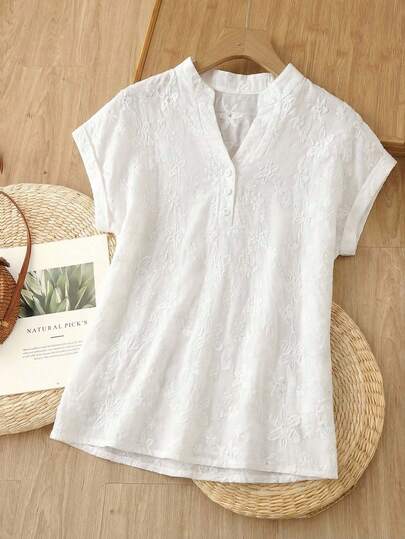 Rusticease 女士花卉提花V领短袖休闲衬衫夏季上衣白衬衫女士衬衫母亲节衬衫