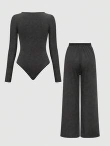 Olithes 2pcs Set: Solid Color Asymmetric Hem Top And Pants - Dark Grey - View 2