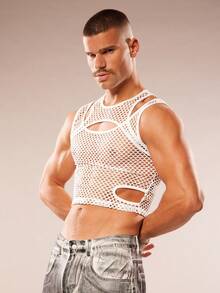 FeverCity Men's Fashionable Sexy Hollow Out Sheer Cropped Tank Top - White - View 4