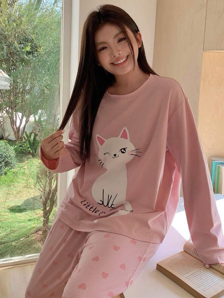 Dazy Plus 2pcs/Set Cute Cat Cartoon Print Long Sleeve Top & Heart Print Pajama Pants, Casual Sleepwear Set For Girls