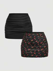 SHEIN MOD Plus Size 2pcs Women's Casual Minimalist Ruched Bodycon Mini Skirt Set,Halloween Costumes,Vacation Outfits Women,2000s Clothes, Costume - Multicolor - View 11