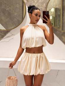 Slaydiva Summer New Arrivals: Birthday Party, Back To School, Preppy Style, Student Wear, Casual Outings, Basic Versatile Items, Casual, Vacation, Cruise Travel, Beach, Seaside, Sunbathing, Items, Street Style, Sexy & Elegant, Sleeveless Halter Neck Cropped Tulip Top, Tulip Short Skirt Pants, Women's Two Pieces Set - A - Apricot - View 6