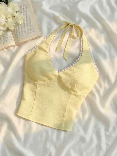 SHEIN MOD 女士纯色露背系带蕾丝修身百搭休闲上衣