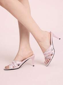 CUCCOO DOLLMOD Zapatillas de tacón alto de satén y encaje elegantes para mujer, sandalias rosas de tacón alto lindas y dulces - Rosa - Ver 5