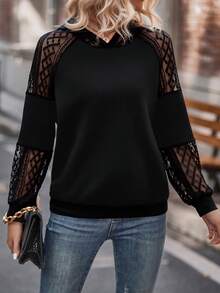 SHEIN LUNE Contrast Lace Raglan Sleeve Hoodie,Long Sleeve Tops Graduation,Back To School,Graduation,Teacher For Women,Back To School Pullover Fall Sweatshirt - Black - View 4