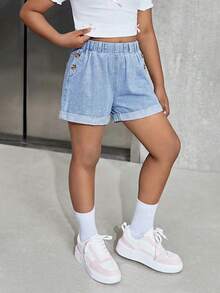 Shorts vaqueros de mezclilla azul claro lavada de estilo casual para niñas preadolescentes, diseño versátil y de moda - Azul - Ver 5