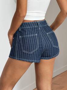 SHEIN Tall Quần short denim nữ mùa hè dáng suông, cạp cao, kẻ sọc, kiểu vintage, ôm sát, quần short denim kẻ sọc. - Rửa tối - Xem 8