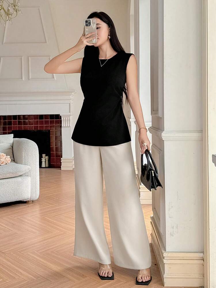 Women's Solid Color Crew Neck Sleeveless Shirt And Wide Leg Pants Casual 2-Piece Set Summer