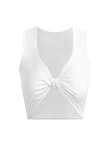 SHEIN Swim 夏季女士扭结交叉白色比基尼上衣，基本款，适合海滩、度假，可作为外套穿着 - 白色 - 查看 1
