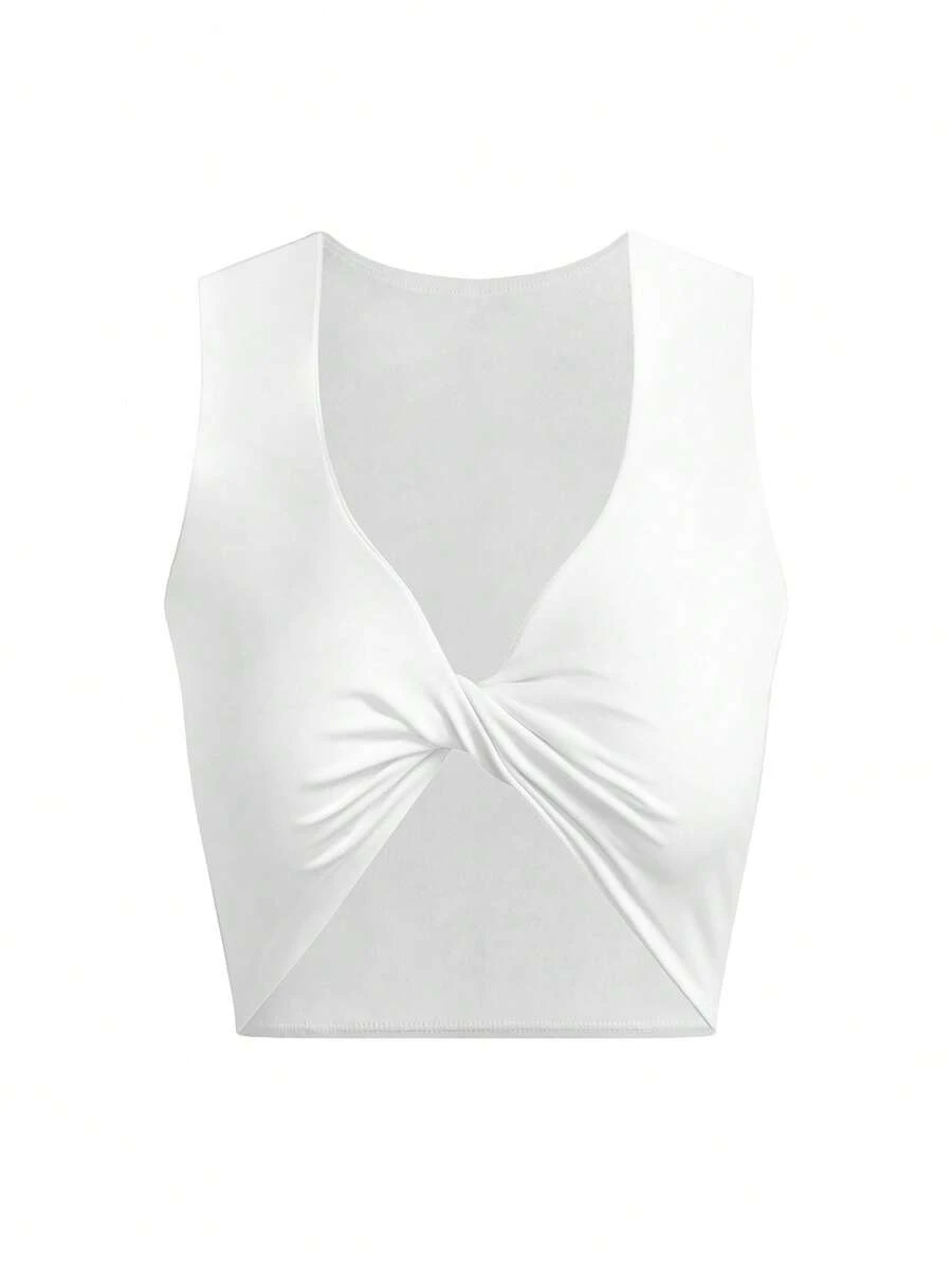 SHEIN Swim 夏季女士扭结交叉白色比基尼上衣，基本款，适合海滩、度假，可作为外套穿着 - 白色 - 查看 1