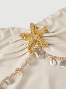 SHEIN MOD Halter Neck Starfish Metal Button Dress With Shell-Decorated Chain,Light Beige,Summer,Casual,Holiday,Vacation,Holiday,Western Style Vintage Dresses - Apricot - View 6
