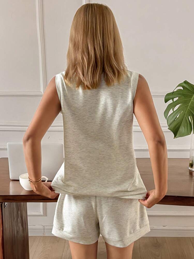 Women's Solid Color Round Neck Camisole And Drawstring Waist Shorts Casual Pajama Set