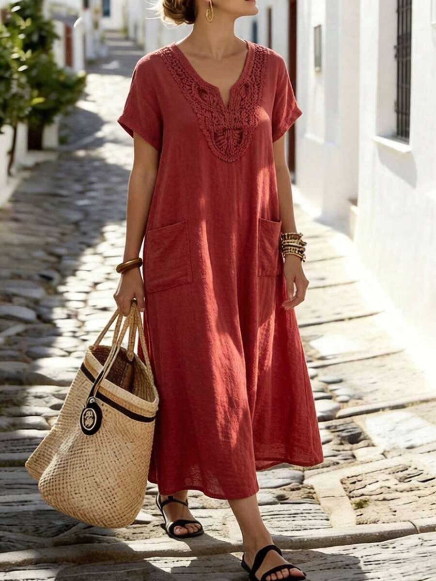 EMERY ROSE 大码V领刺绣贴袋短袖连衣裙 - 紅木色 - 查看 1