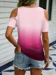 EMERY ROSE Ombre V-Neck Off-Shoulder Short Sleeve Casual T-Shirt, Summer - Multicolor - View 2
