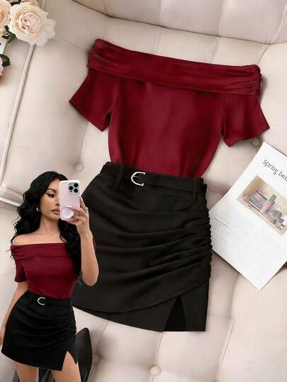 SHEIN Franclia Women's French Minimalist Style: Burgundy Knit Off-The-Shoulder Long-Sleeved Top Paired With A High-Waisted, Pleated, Slit Mini Skirt For A Versatile, Figure-Hugging Look. Elegant Two-Piece Set For Women, Casual Two-Piece Set For Women, Elegant Women's Outfit, Elegant Women's Top, Elegant Women's Skirt, Red Top, Black Skirt, Red T-Shirt, Summer Two-Piece Set, Women's Summer Outfit, New Summer Women's Two-Piece Set.Fashionable Casual Commuter Wear, Business Office Wear, Versatile And Stylish Everyday Casual Wear, Urban Teacher's Professional Attire