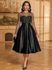 Fleurora Đầm dự tiệc chấm bi phối lưới thanh lịch cỡ lớn - màu đen - Xem 6