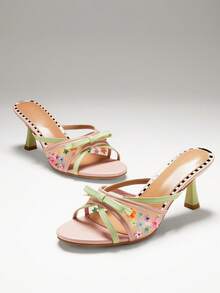 SHUZIA Women's Elegant Floral Decor Stiletto Heel Slip-On Sandals - Multicolor - View 1