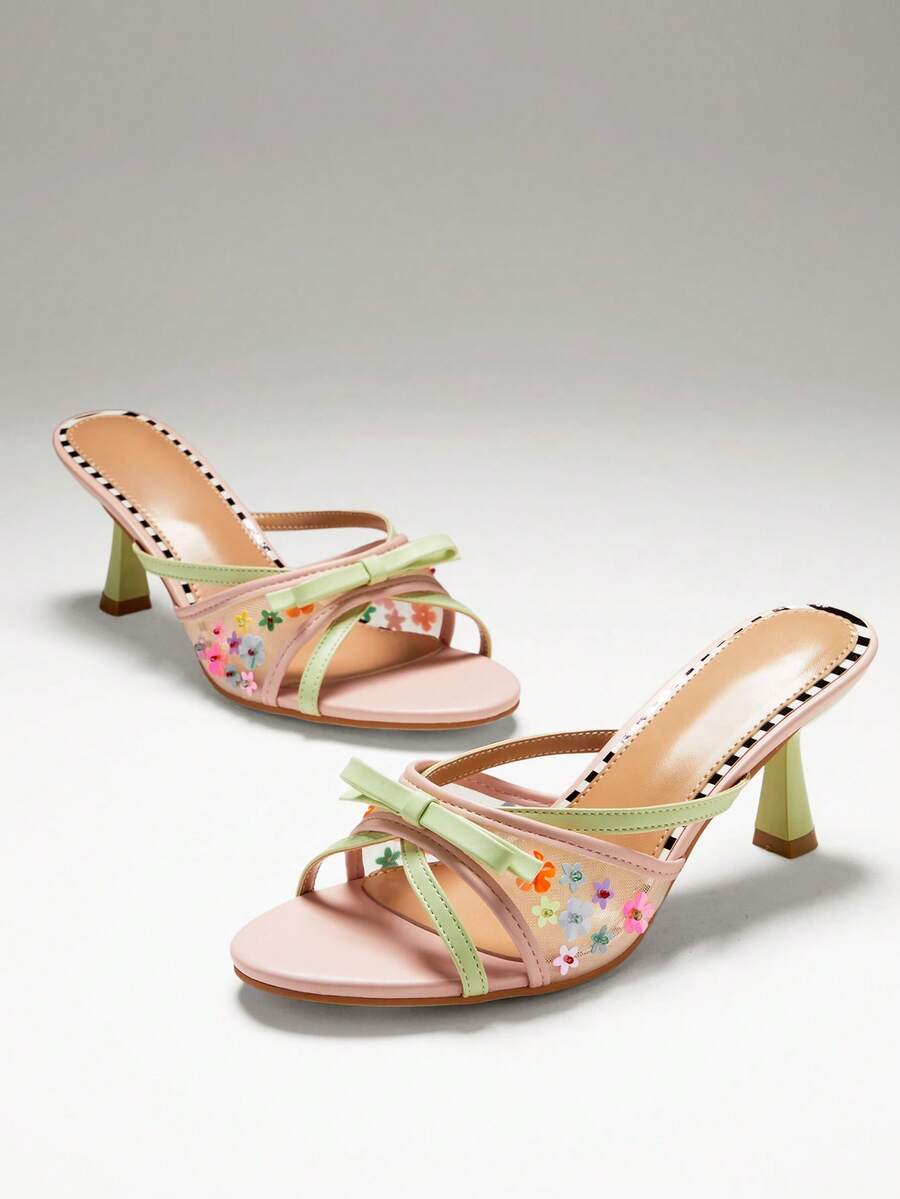 SHUZIA Women's Elegant Floral Decor Stiletto Heel Slip-On Sandals - Multicolor - View 1