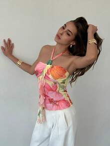 Aloruh Women's Floral Print Patchwork Ruffle Trim Halter Neck Vacation Tank Top,Summer Tops For Pretty Party Cute - Multicolor - View 7