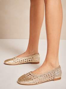 SHUZIA Ladies Elegant Woven PU Ballet Flats - Gold - View 2