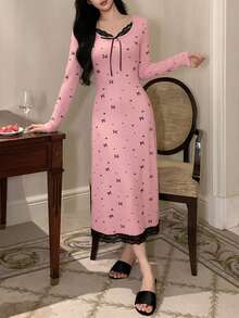 DAZY Bow Print Contrast Color Lace Patchwork Waist Dress, Women Spring Sleepwear - Pink - View 5