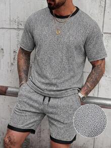 Manfinity Homme Herren Farbblock Patchwork, Jacquard Stoff in Schwarz & Weiß, Shorts mit Gummibund, T-Shirt Set - Schwarz und Weiss - Übersicht 1