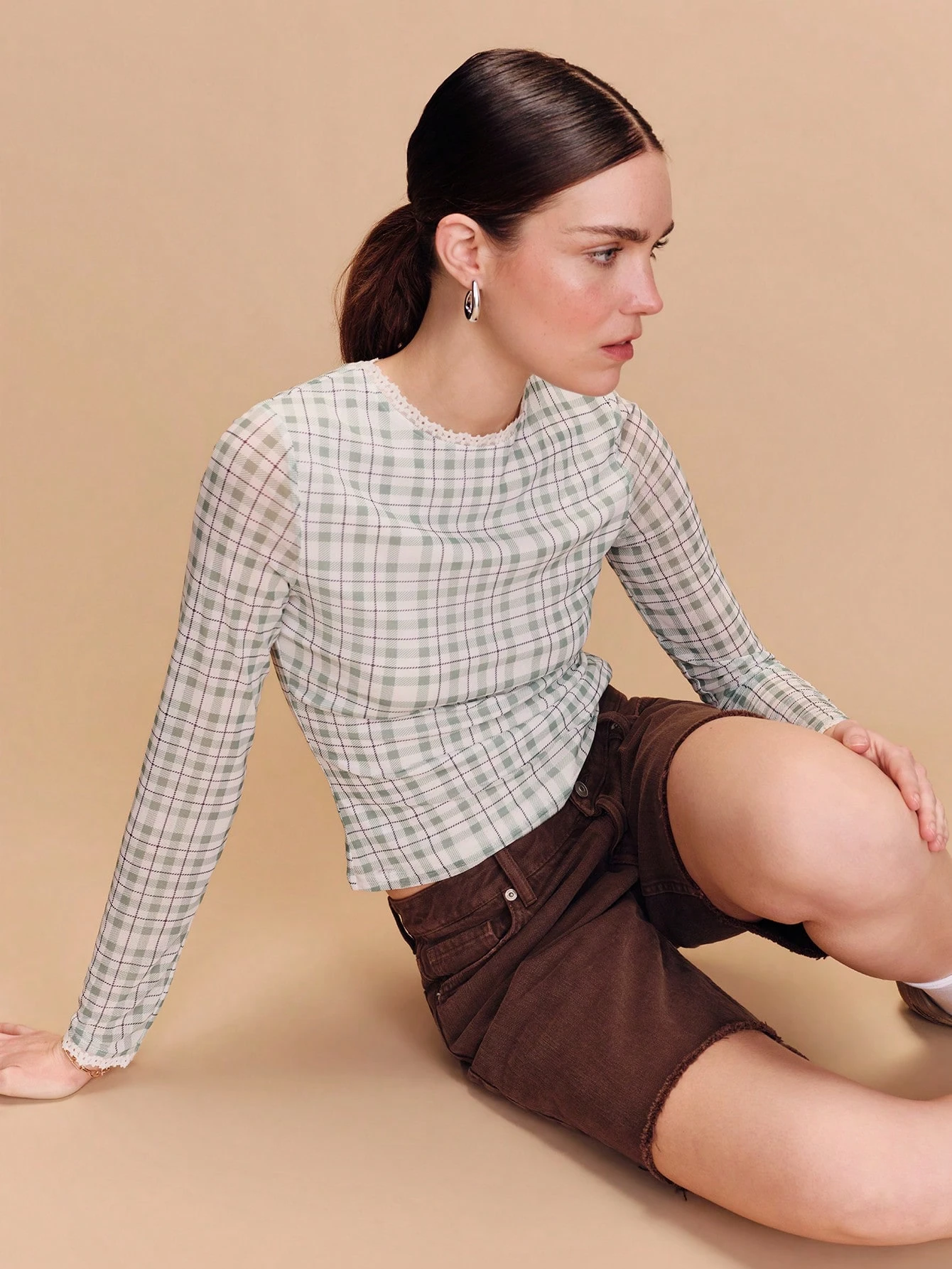 Green Check Mesh Longsleeve Fitted Top With Mini Lace Trim Detail Cute Spring Summer Cute Top French Style Parisian Style