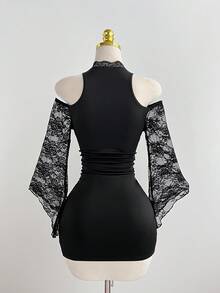 Elamini Women's Contrast Lace Deep V Neck Ruched Sexy Halter Mini Dress - Black - View 2