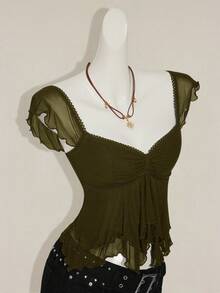 SHEIN ICON Women's Ruched Front Fitted Sexy Mesh Splice Cap Sleeve Backless Casual Vacation Cropped Tank Top - Army Green - View 6