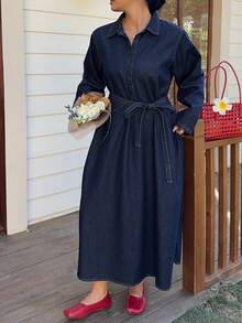Dazy Plus Fashionable Casual Loose Retro Denim Dress, Turndown Collar Half-Open Front A-Line Slimming Long Denim Dress, Spring/Autumn - Dark Wash - View 2