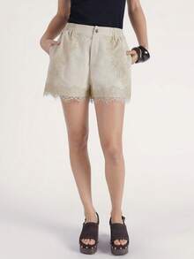 CielaLinda Women Solid Color Lace Patchwork Drawstring Waist Shorts - Khaki - View 3