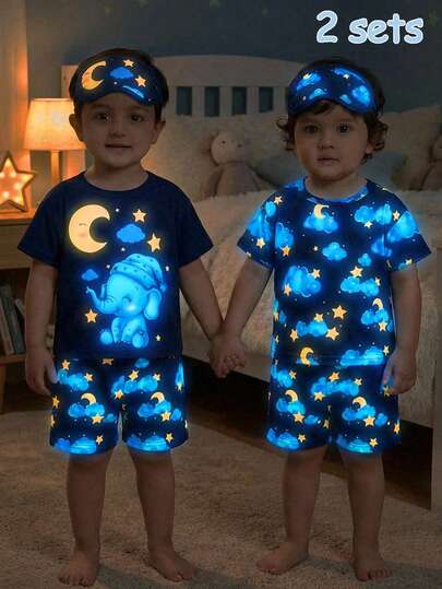 SHEIN 两套婴儿男女童可爱小象图案夜光睡衣套装，适合居家、日常穿着和外出，适合春夏穿着。