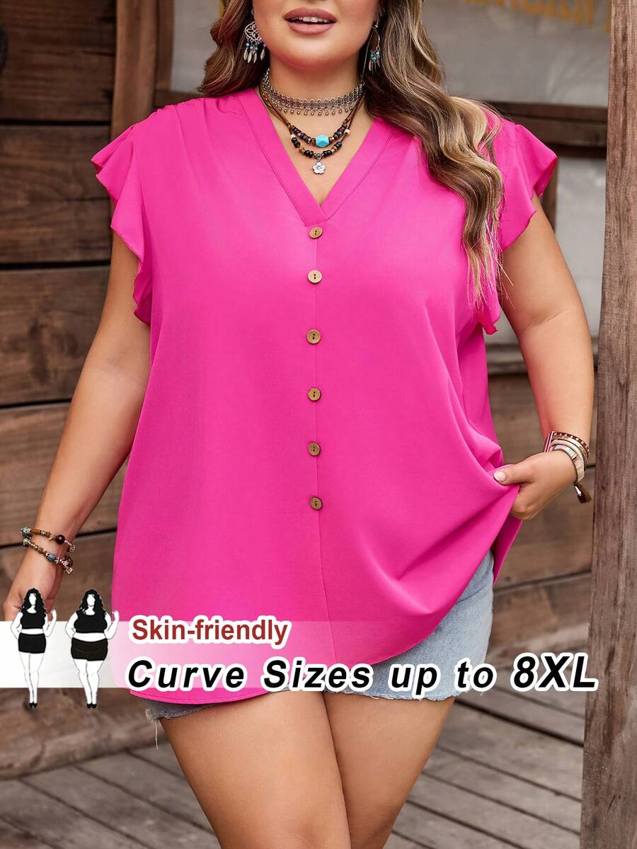 SHEIN CURVE+ Curve 尺码 US22 音乐节、海滨度假、波西米亚风女士日常休闲度假 V 领黑色宽松衬衫,夏季度假外出上衣/秋冬季 - 玫紅色 - 查看 1