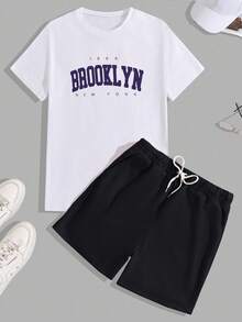 SHEIN Cottnline Men Letter Printed Regular T-Shirt & Short Two-Piece - Black - View 2