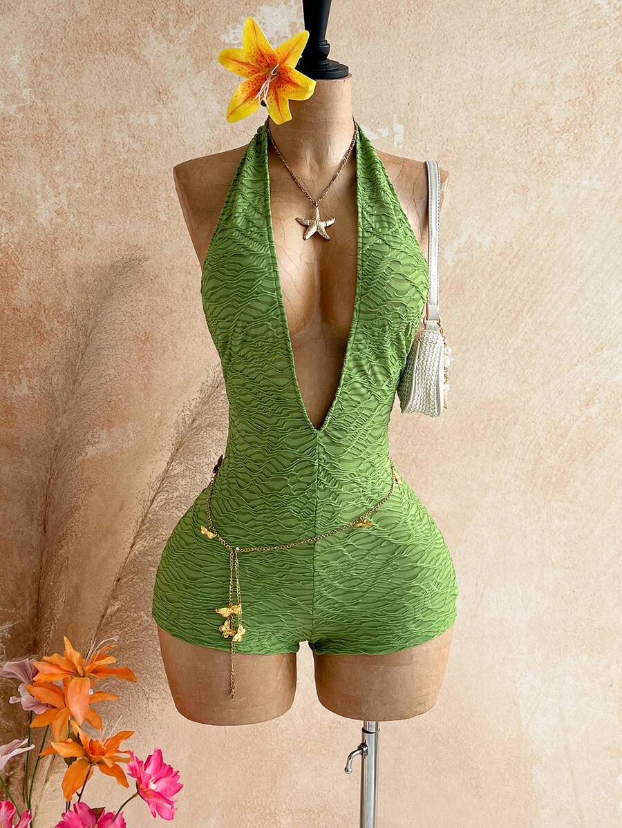 Soleia Women's Vacation Sequin Glitter Leopard Print Knit Textured Deep V Backless Sexy Bodysuit, Fashionable Fitted Romper For Party, Date, Afternoon Tea, Boho Beach Summer Outfit - Multicolor - View 1