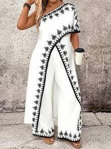 Breezaya Plus Size Women's Elegant Black And White Graphic Print Asymmetric Collar Split Top And Long Pants 2 Pieces Set,Summer Boho Holiday Tea Party Outfits - Black and White - View 6