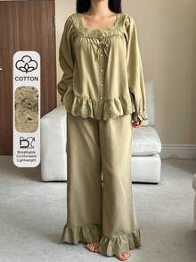 DAZY Sweet Square Collar Embroidered Lace Patchwork Ruffle Trim Women Pajama Set - Khaki - View 4