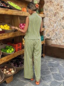 Selianne 黄色条纹无袖系带背心和裤子两件套 - 彩色 - 查看 2