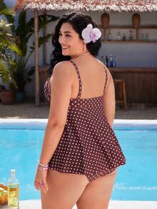 Swim Mod Plus Size Women's Polka Dot Print Deep V-Neck Ruffle Top Paired With Regular Trousers, Flattering Silhouette Beach Atmosphere Women's Swimwear Set - Multicolor - View 2