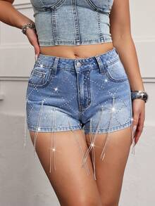 SHEIN PETITE Women's Rhinestone Tassel Design Pocket Fashionable Denim Shorts - Medium Wash - View 4