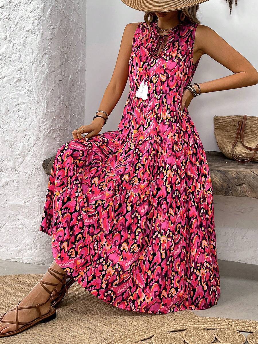 Breezaya Multicolor All Over Print Boho V Neck Sleeveless Smock Long Dress With Ruffle Hem - Multicolor - View 1