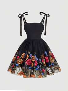SHEIN MOD Women's Vacation Floral Embroidered Mesh Spaghetti Strap Mini Dress - Black - View 2