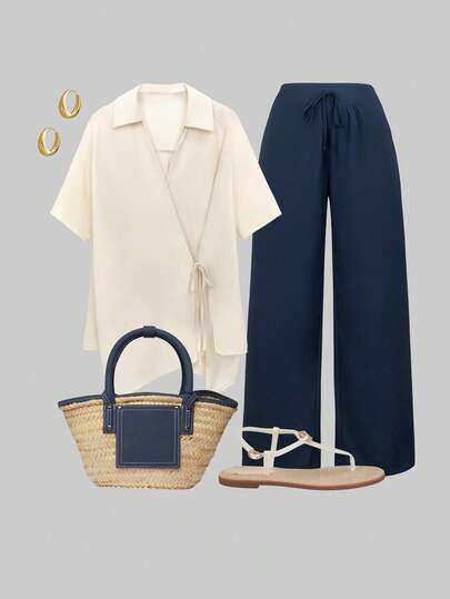 GlowEve CURVE Plus Size Women's Spring/Summer Tie-Decorated Shirt And Elastic Waist Long Pants 2-Piece Set, Casual Versatile Outfit